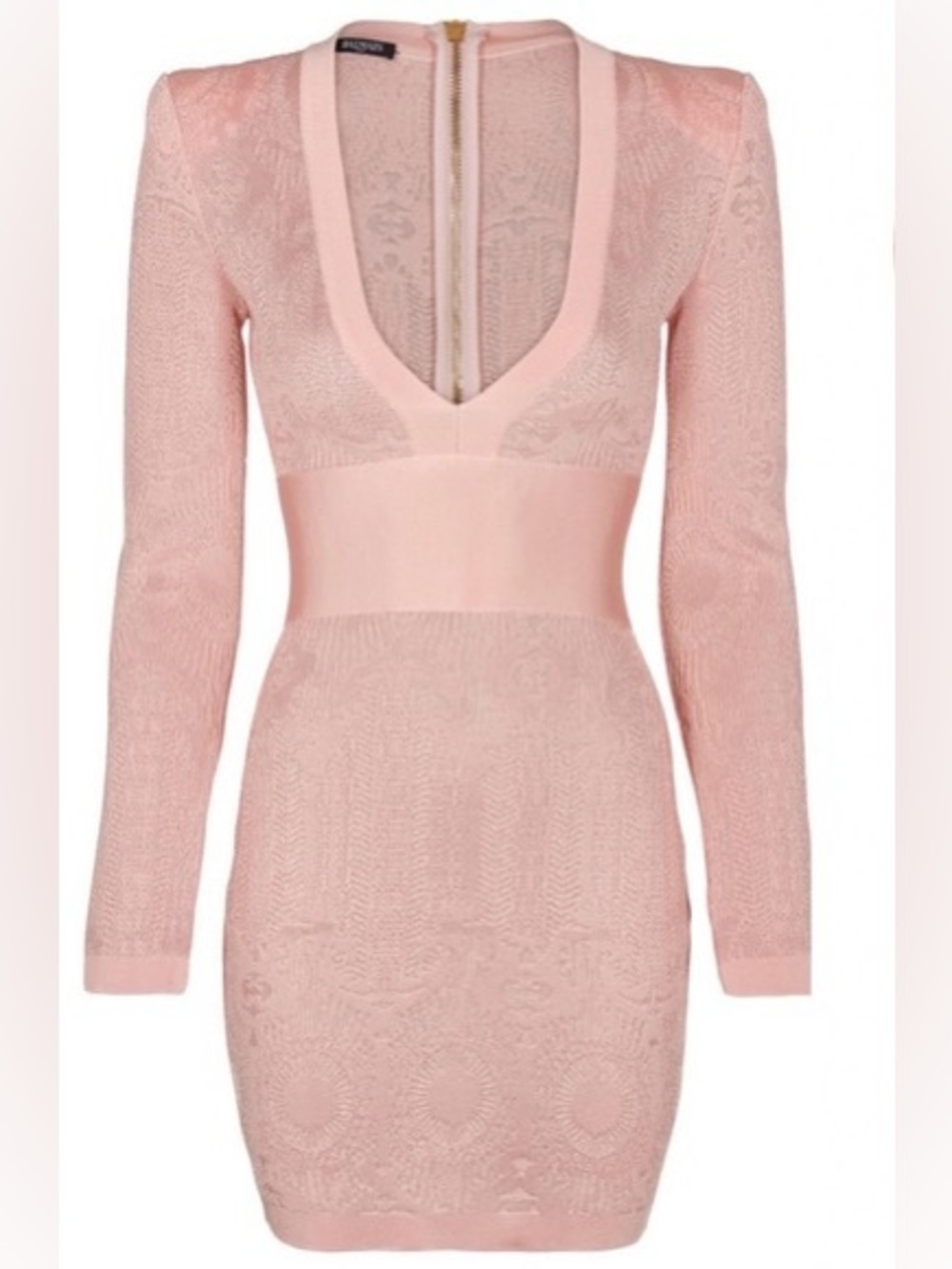 Balmain Pink V-Neck Lace Knit Mini Dress